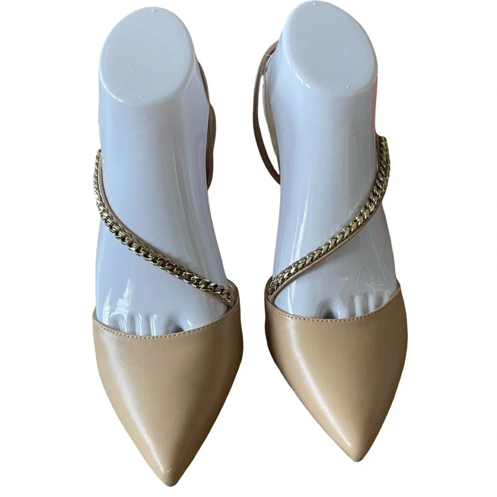 Nine West Nude Slingback Pointed Toe Heels with Chain Detail Size 8.5